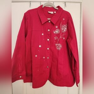 Quaker Factory Women's Red Pearl Rhinestone Embellished Cotton Jacket Sz 2X New